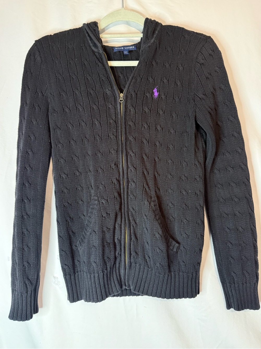 Ralph Lauren Women’s M Black Cable Knit Full Zip Hoodie Purple Pony Cotton